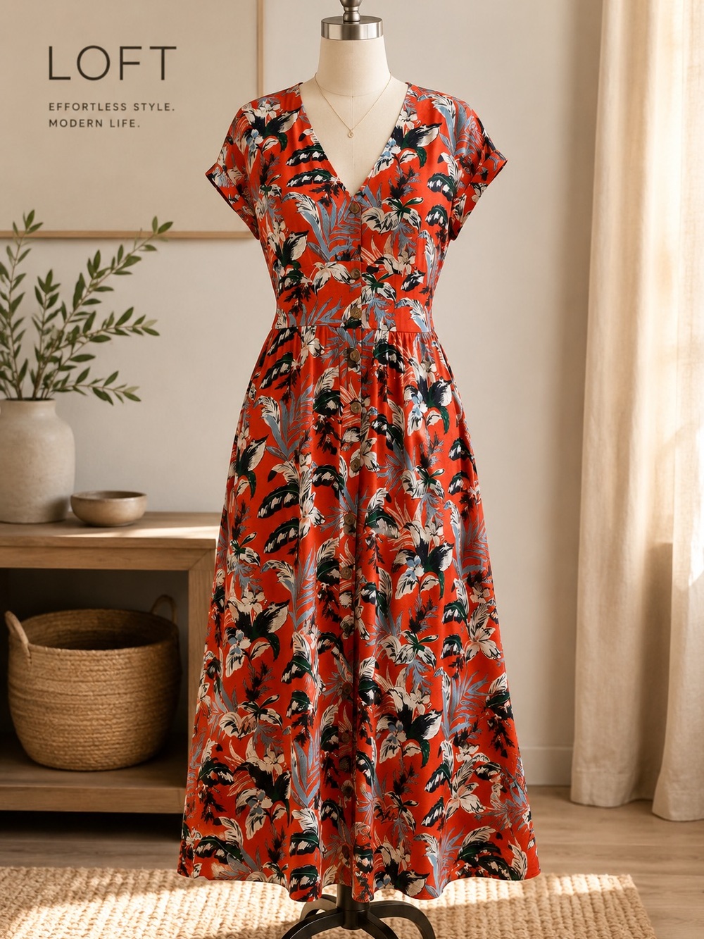 LOFT Petite 8P Tropical Leaf Faux Wrap Midi Dress | Coral Resort Vacation
